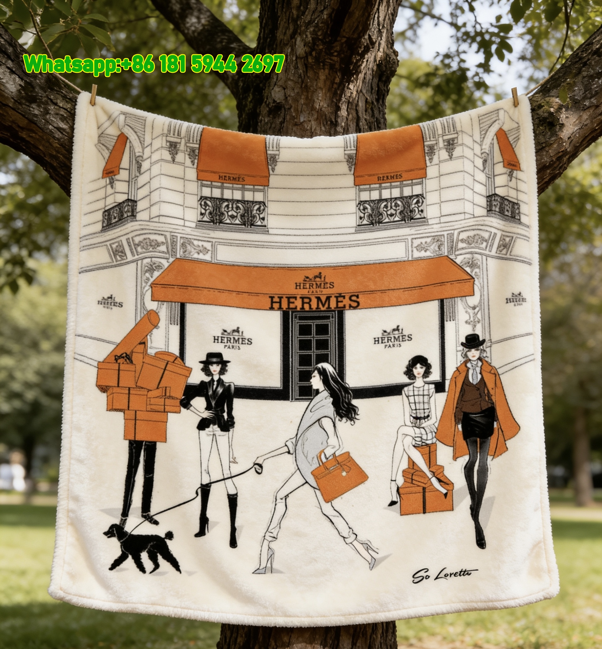 Hermès Paris Storefront & Fashion Illustration Flannel Fleece Throw Blanket IMG_5021
